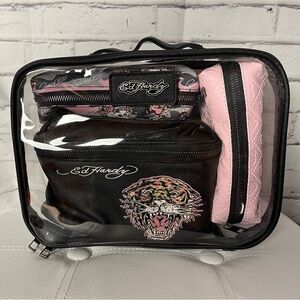 NWT Ed Hardy Tiger Black and Pink Cosmetic 4 Piece Bag Set
